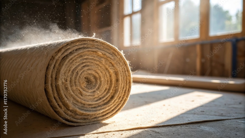 Poster An image focuses on a tightly roll of acoustic insulation its surface displaying a network of interwoven fibers. The shot highlights a fine mist of dust particles floating in the