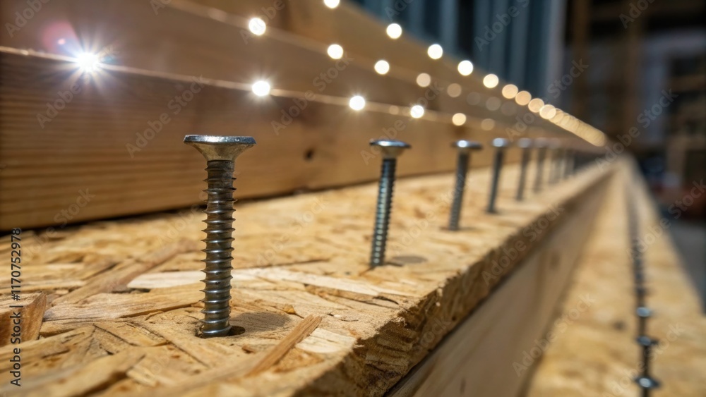 Poster An image zoomed in on the nail heads embedded into the OSB panels illustrating the fastening process. The reflections on the metallic surfaces stand out against the earthy tones of
