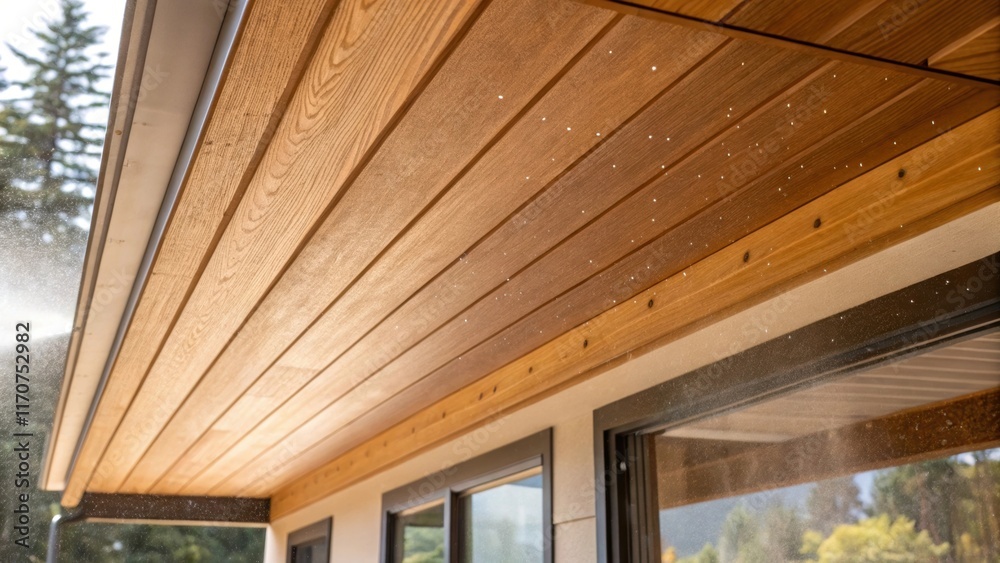 Poster An inspection of the underside of a wooden soffit board revealing the smooth machining that allows for easy attachment to frameworks. Dust motes dance in the warmth of the ambient