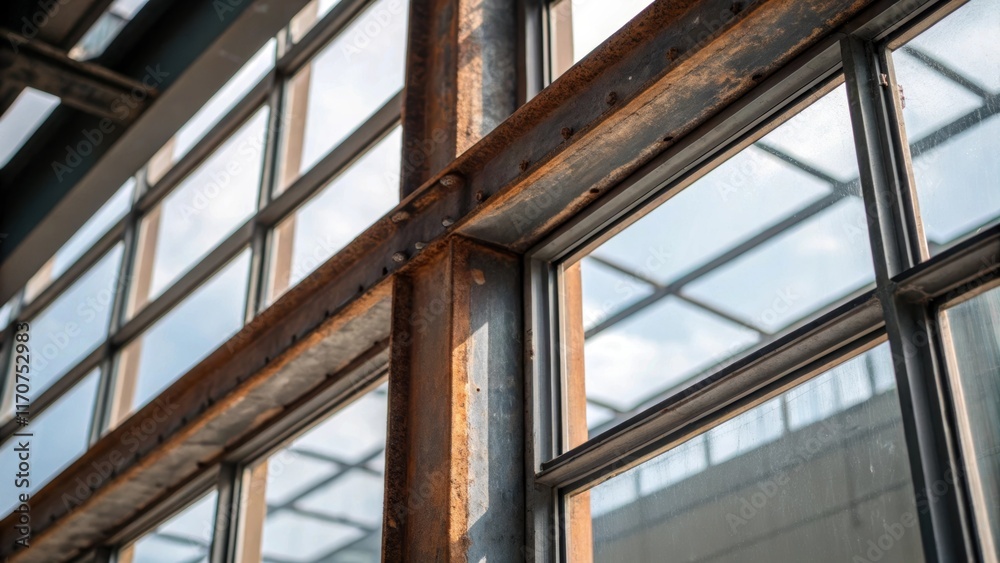 Poster An industrialstyle window frame crafted from parallel steel beams showcasing the contrast between the rugged material and the soft ambiance created by natural light filtering