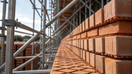 An image showcasing the intricate patterns of mortar lines between stacked bricks with silvery construction clamps securing the scaffold in the background symbolizing stability and