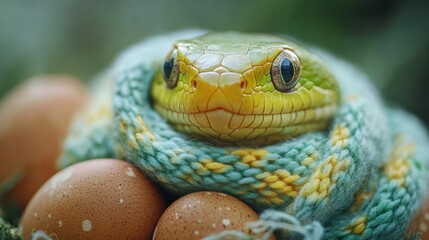 Fototapeta premium Colorful snake delicately curled around eggs in a vibrant natural setting during early morning light. Generative AI