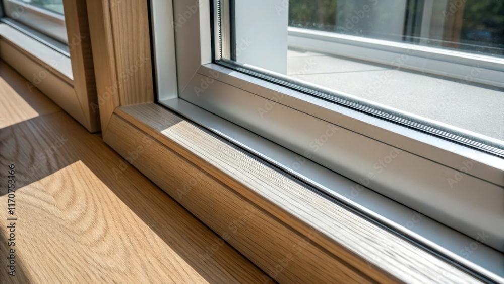 Aufkleber An intimate shot of two aluminum window sills positioned next to a window frame highlighting the precise fitment against the smooth wooden edges. Behind light spills in from