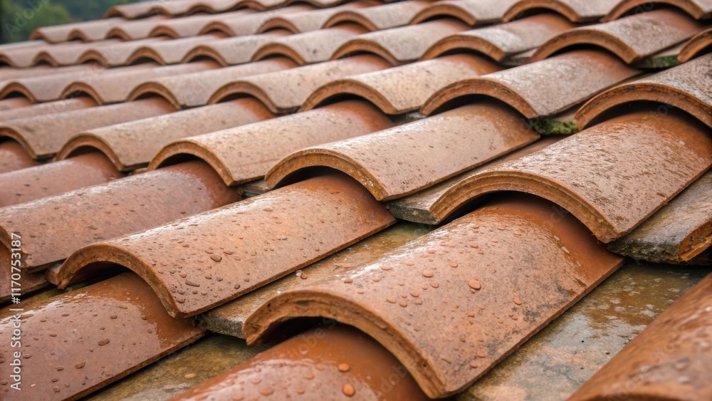 Poster an intricate arrangement of clay roof tiles shows their distinctive scalloped edges each tile exhibi