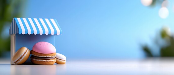 Colorful macarons displayed outside a miniature market store under a blue sky.