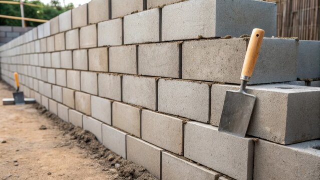 An intimate view of a newly constructed wall made of precisely stacked cinder blocks showcasing the meticulous alignment and the clean lines where the mortar joins them. Nearby two