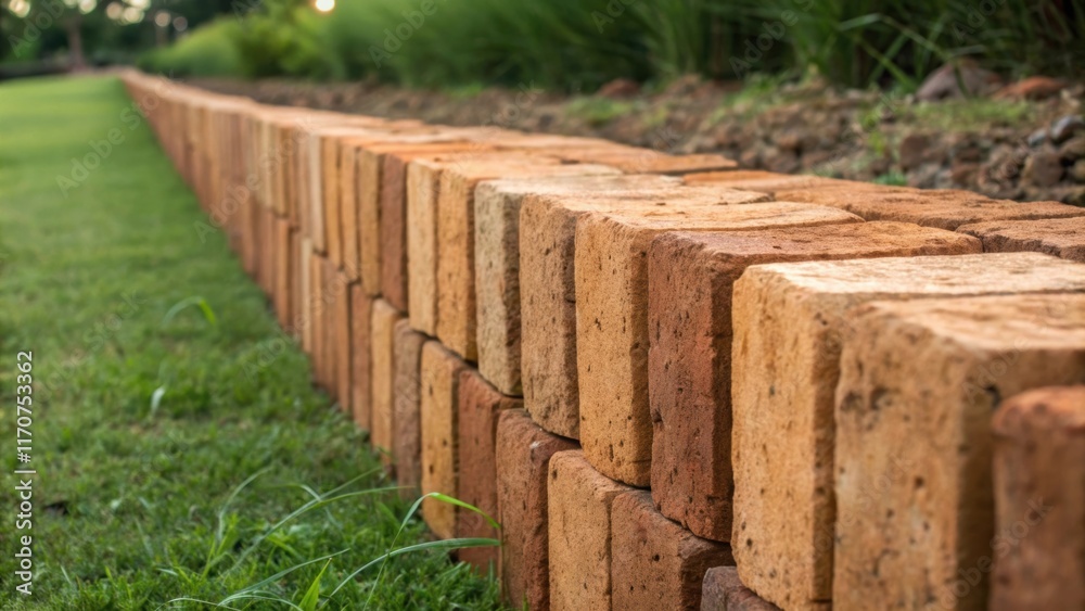 Aufkleber An intricately aligned row of clay bricks showcasing their rustic character. Each bricks unique imperfections and subtle variations in color reflect the natural materials sourced