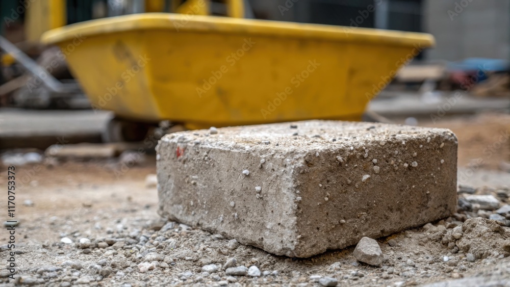 Aufkleber An intricate shot of a single foundation block exhibiting a weathered rough surface coated in fine dust with tiny fragments of gravel embedded within. In the background a vibrant