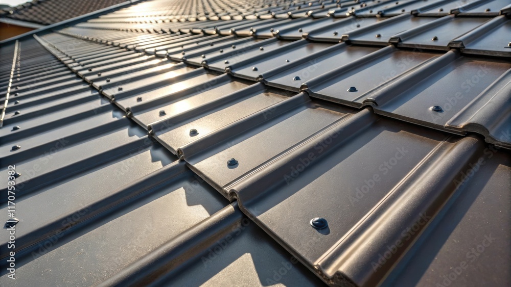 Poster an intricate shot of interlocking metal roofing panels featuring their textured grooves and rivets. 