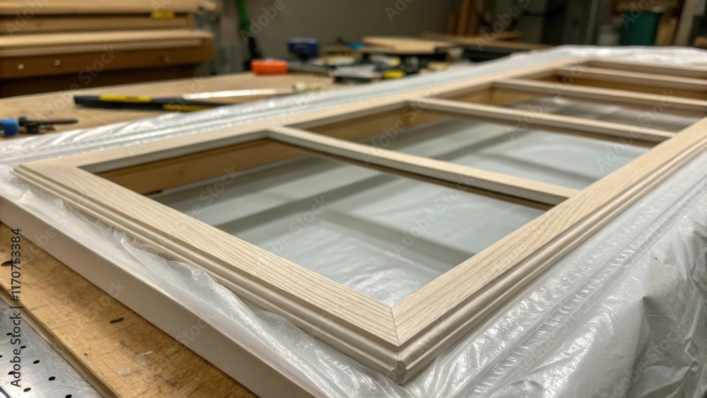 Aufkleber An intricate shot focusing on the detailed framework of a sliding window sash where the protective film is slightly wrinkled at the edges hinting at the upcoming assembly process.