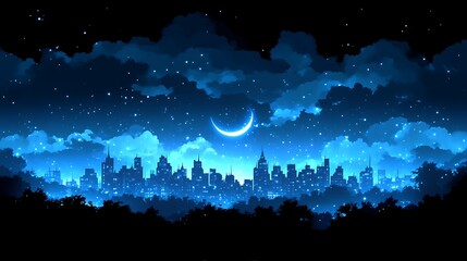 Fototapeta premium Crescent moon over a city skyline at night.