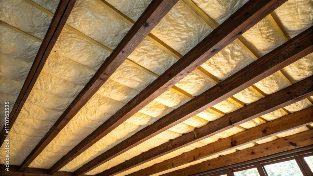 Aufkleber an overhead angle highlights the contrast between the vibrant insulation panels and the dark raw woo