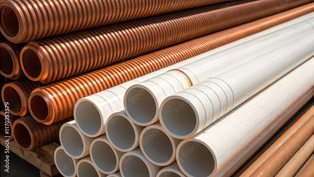 Poster an overhead closeup with shadows featuring various plumbing pipes grouped by diameter where the smoo