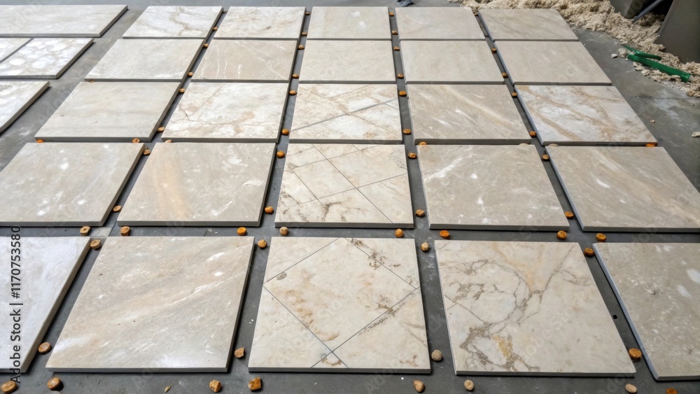 Aufkleber An overhead angle showcasing a grid of polished stone tiles where the adhesive has been applied interspersed with small remnants of the installation process. The uniformity of the