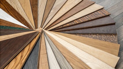 An overhead closeup of various laminate planks fanned out in a creative arrangement showcasing their diverse textures and colors while revealing the care taken in selecting