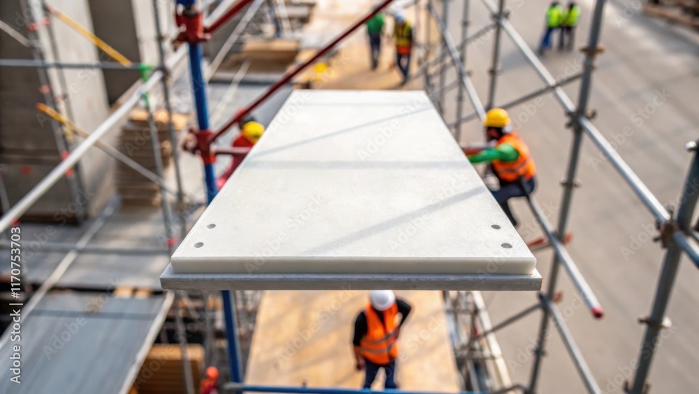 Aufkleber An overhead shot featuring a blurred background of construction workers busy at their tasks while in sharp focus a single fiber cement panel sits propped up against diagonal