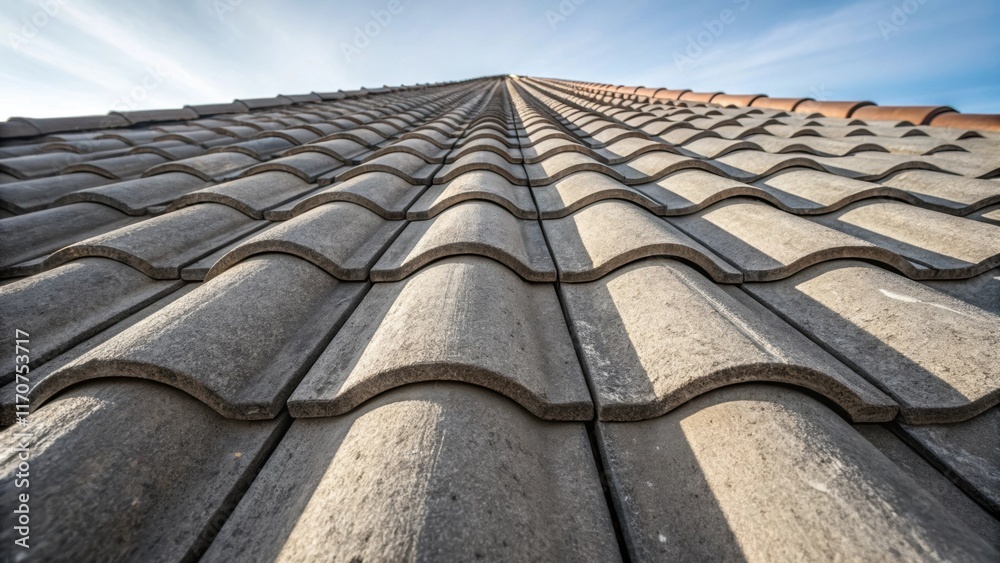 Poster an overhead shot of a neatly organized array of concrete roof tiles revealing the meticulous arrange