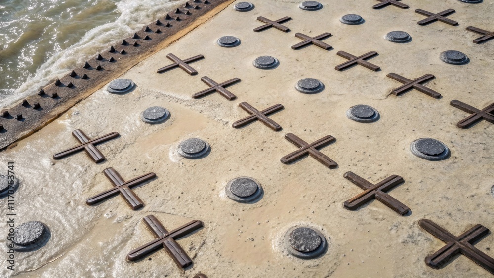 Aufkleber an overhead shot highlights the intricate pattern of steel anchors embedded in the fluid concrete. t