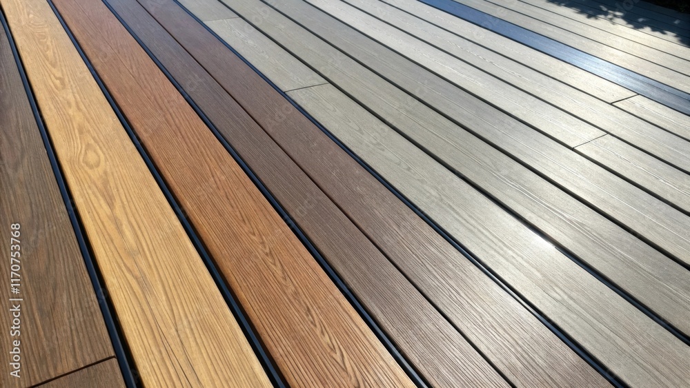 Aufkleber An overhead shot of composite decking planks arranged in a neat row their uniform lengths and color variations creating a striking visual rhythm. The sunlight captures their sheen