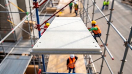 An overhead shot featuring a blurred background of construction workers busy at their tasks while in sharp focus a single fiber cement panel sits propped up against diagonal