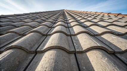 An overhead shot of a neatly organized array of concrete roof tiles revealing the meticulous arrangement. The surface is rich in detail with the gritty finish of the concrete