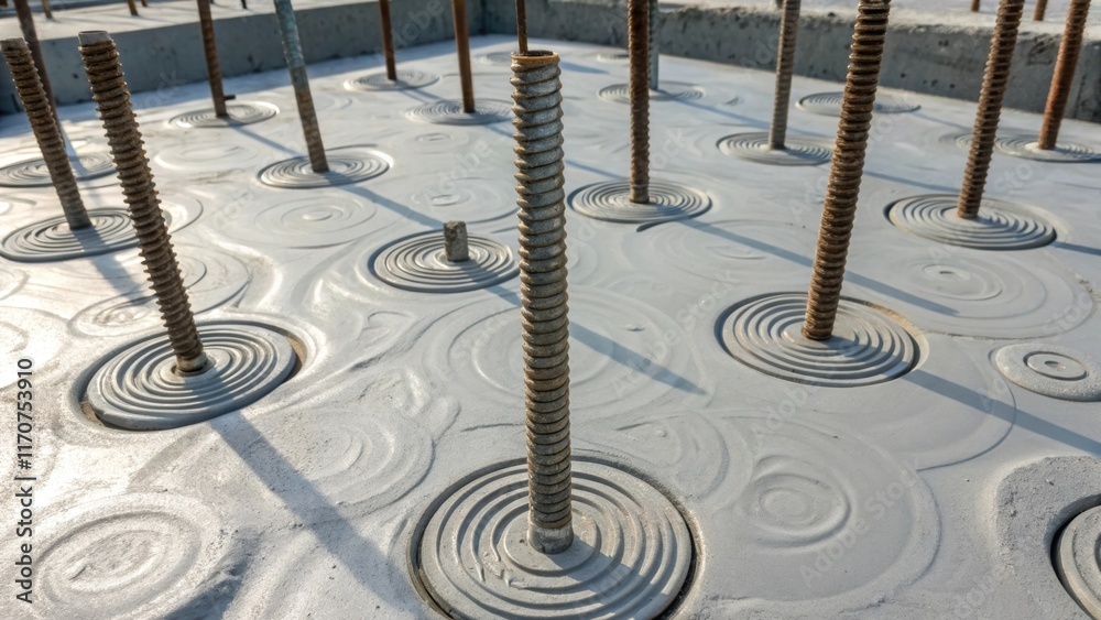 Poster An overhead view of foundation bolts embedded in wet concrete showcasing the precision of their placement. Each bolt stands tall like a sentinel surrounded by intricate patterns of