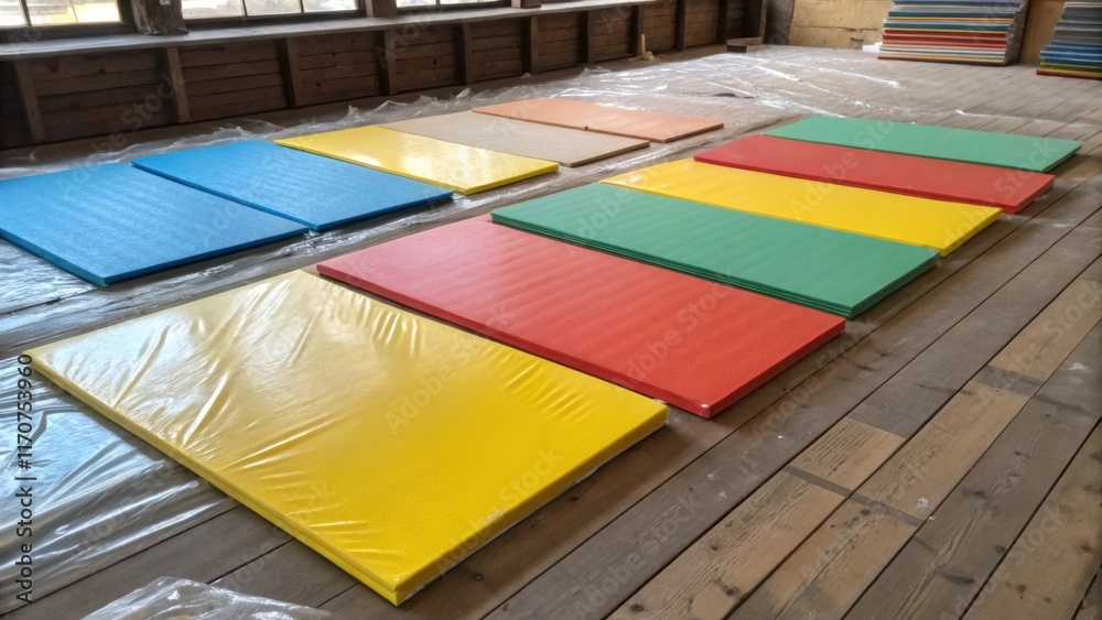Aufkleber an overhead view of a group of rigid foam boards laid out on a wooden floor with protective plastic 
