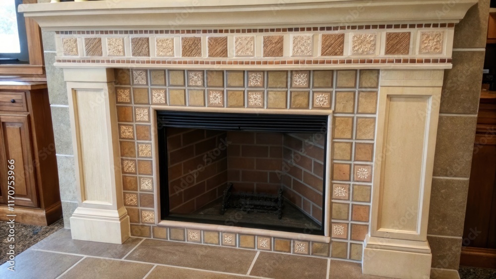 Poster An upclose look at a tiled fireplace surround reveals a stunning display of ceramic tiles each highlighted by precisely p spacers. The cohesive color palette and the uniform gaps