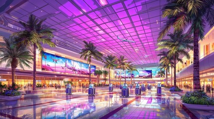 Naklejka premium A bustling futuristic airport terminal where robotic luggage carriers assist travelers. Holographic displays provide real-time flight updates, and the glowing design of the space emphasizes 