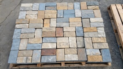 An overhead view showcases the organized chaos of retaining wall stones on the pallet with colors blending harmoniously from sandy beige to slate blue. The arrangement reveals an