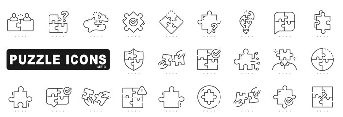 Set of puzzle related line icons. Jigsaw, idea, solution etc. Editable stroke. Set 3