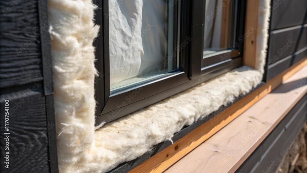 Poster An upclose perspective of the thermal insulation material within the window frame visible through a partially removed protective wrap. The fluffy white fibers contrast sharply