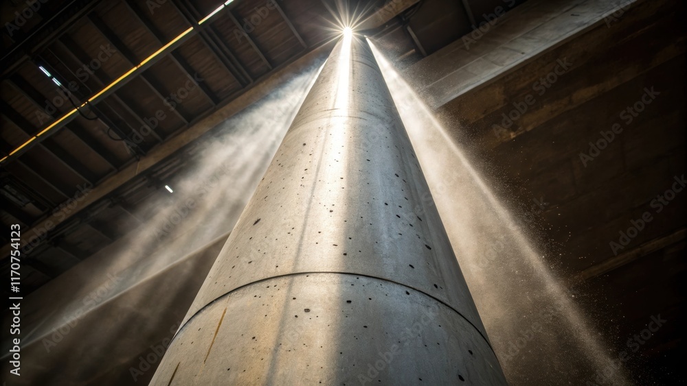 Poster An upward angle shot of a steel column reaching towards the ceiling with light filtering through tered dust particles in the air illuminating the columns surface. The connection to