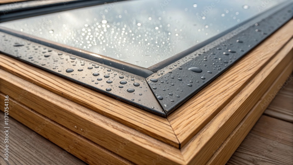 Poster an upclose view of a skylight frame with protective film featuring droplets of condensation pooling 