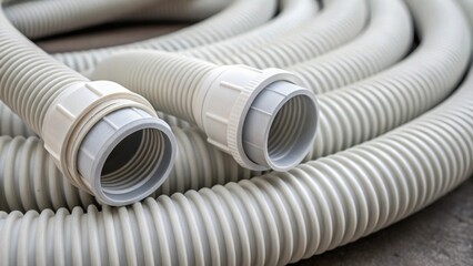 An upclose shot highlighting the texture of the flexible PVC drain pipes emphasizing their lightweight construction and bendability. The connectors some with gripping edges and