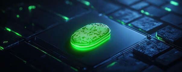 Futuristic green chip glowing on a dark keyboard, representing advanced technology.