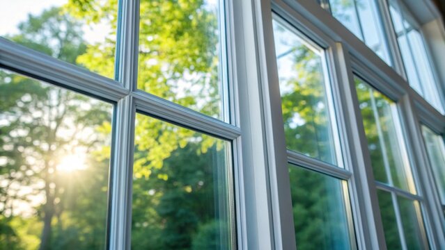 An upclose image of the reflective coating on an energyefficient window pane where the sunlight casts soft reflections. The coatings faint blue tint enhances the homes overall