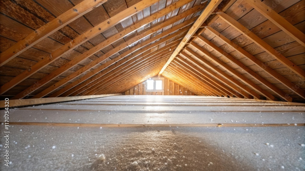 Poster a perspective shot of an attic floor where radiant barrier insulation spans across the beams. tiny p