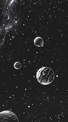 Naklejka premium A serene winter night landscape featuring a bright full moon illuminating snow-covered mountains, with a tranquil riverbed and tall pines silhouetted against the starry