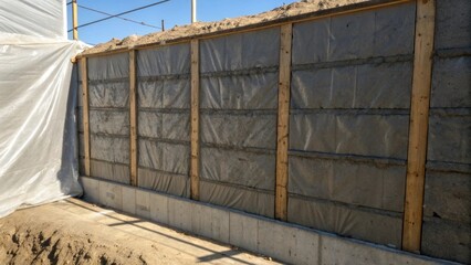 A section of the concrete wall revealing tool marks from the finishing process. The rough edges are juxtaposed with the smoothness of the tarps that envelop the structure creating