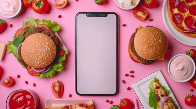 Blank smartphone screen mockup with delicious burgers, pizza on pink background. Generative AI