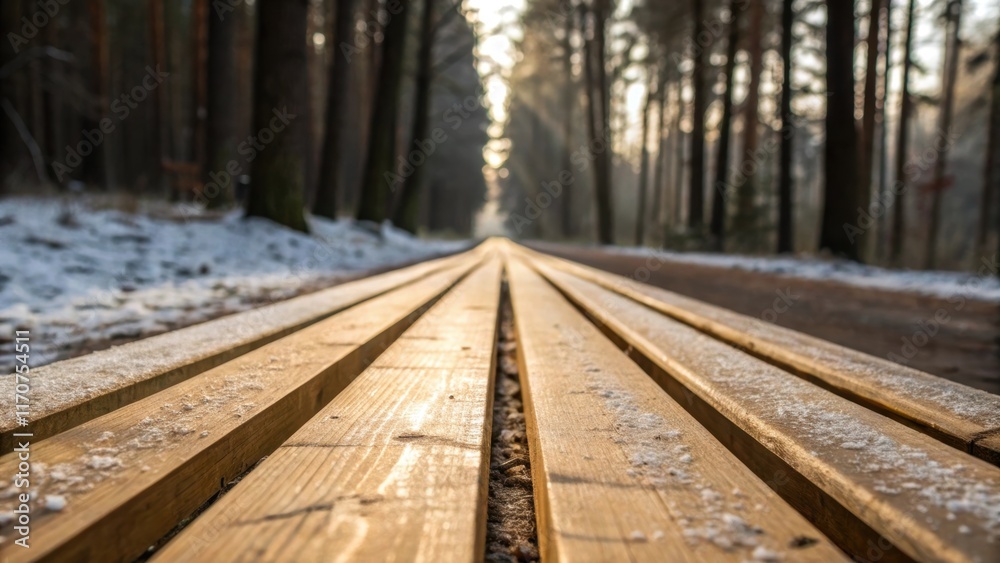 Poster a serene closeup of long straight wooden planks lined up perfectly with a slight sheen from the natu