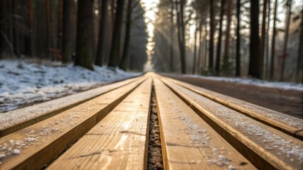 Fototapeta premium A serene closeup of long straight wooden planks lined up perfectly with a slight sheen from the natural oils still present and a dusting of sawdust that softens the starkness