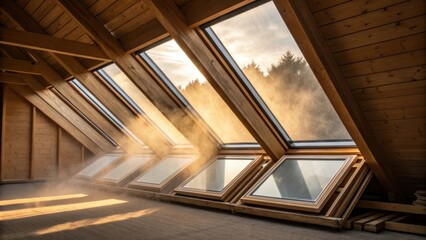 Obraz premium A series of skylight panels some stacked and some leaning creates an artful arrangement against the backdrop of co wooden beams. Dust motes dance in the golden sunlight filtering