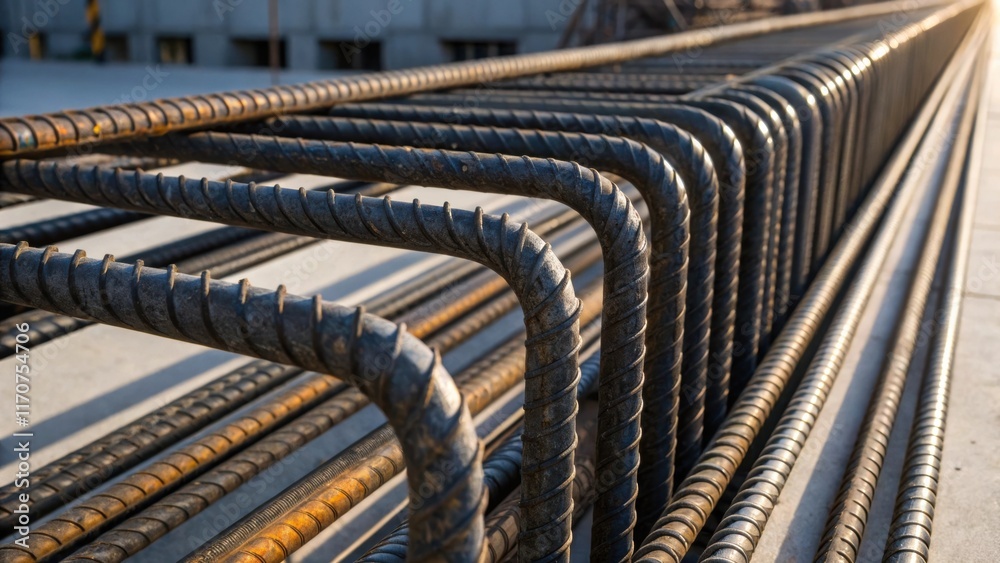 Poster A side view of a compact group of rebar with a focus on the different thicknesses of the bars showcasing their industrial design. The play of light and shadow accentuates the