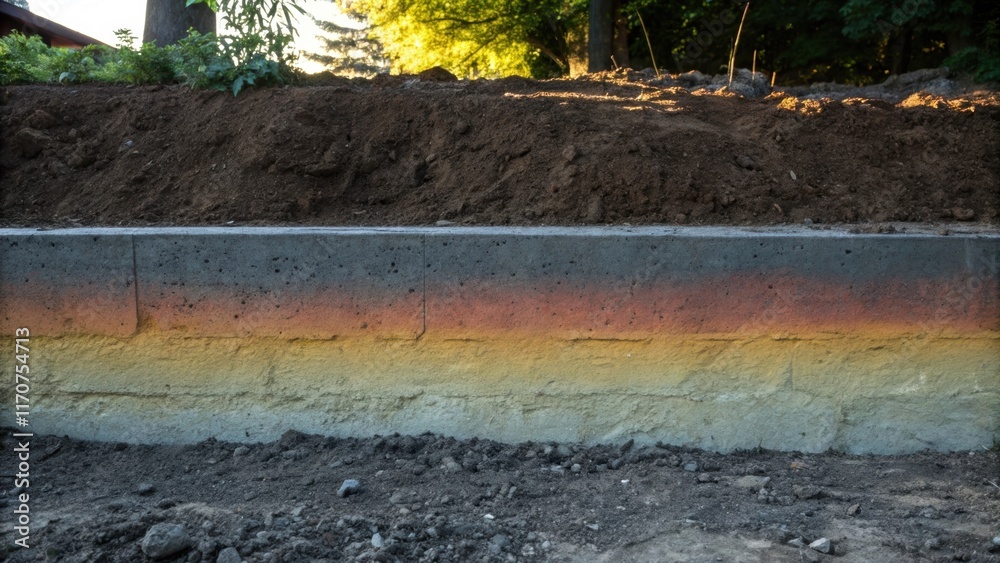 Aufkleber A side angle captures the gradient of color within the concrete foundation from dark gray near the base to lighter shades where the footings begin to rise above the soil. The