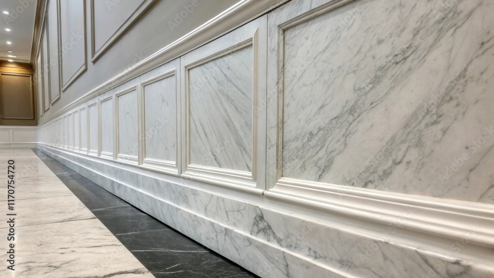 Poster A side angle captures the alignment of the marble slabs against the backdrop of freshly painted walls illustrating the contrast between the sleek stone texture and the smooth matte