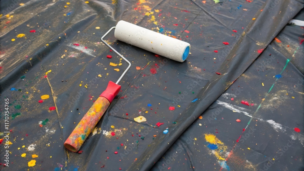 Poster a solitary paint roller rests upon a splattered tarp its design contrasting sharply with the chaotic