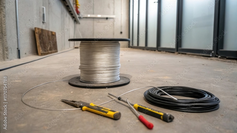 Poster A spool of wire rests on a concrete floor surrounded by tools like pliers and screwdrivers that hint at the ongoing renovations. The scene is rich with texturesrough concrete