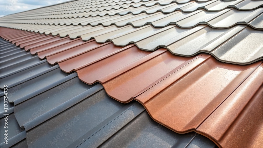 Poster A side view of the metal roofing edges displaying the meticulous layering and alignment of sheets. The transition from lighter to darker shades creates a visually appealing